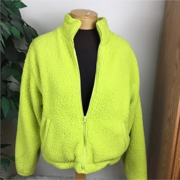 Forever 21 full zip Sherpa style faux fur yellowish lime Woman’s Med - Picture 1 of 14